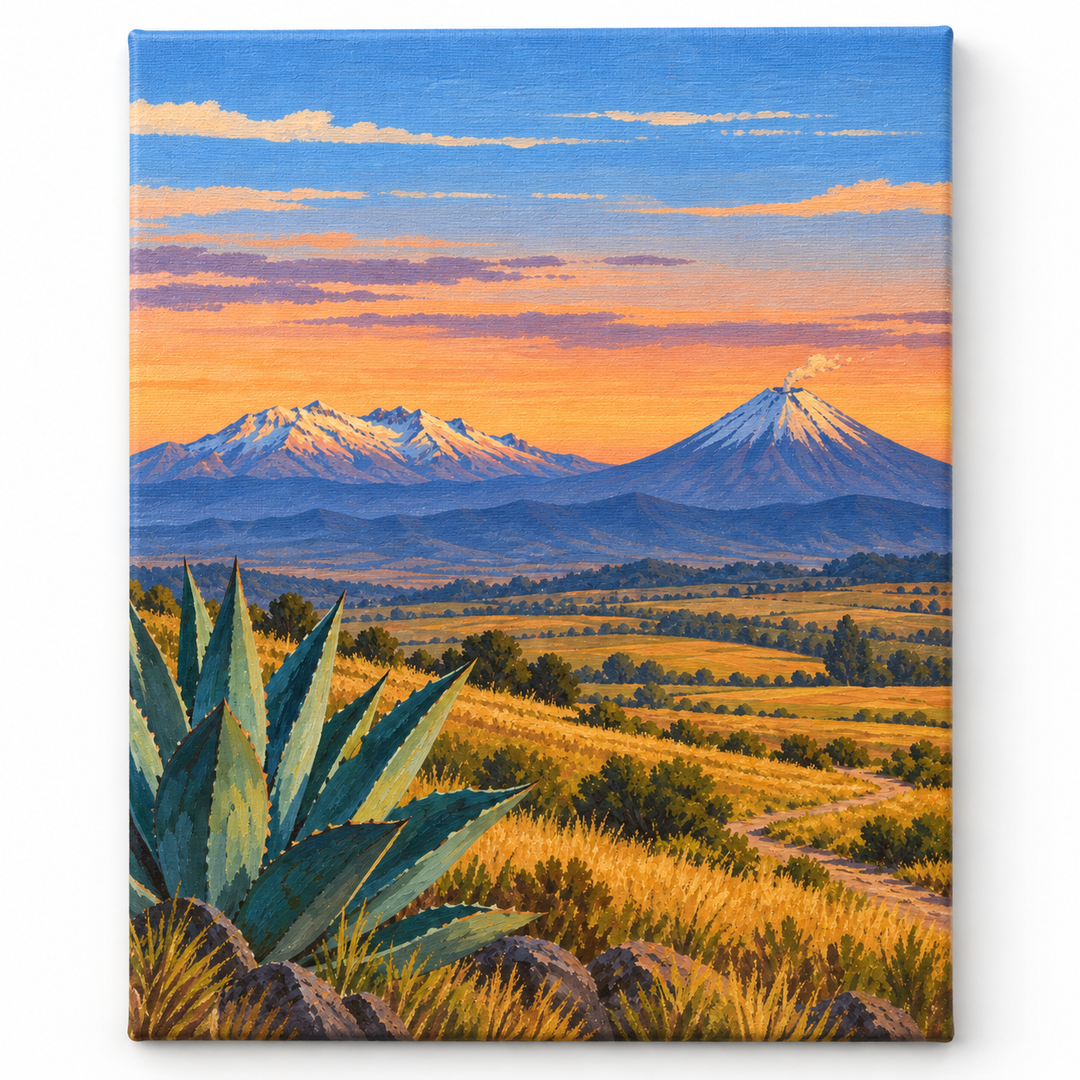 Popocatépetl e Iztaccíhuatl — lienzo terminado