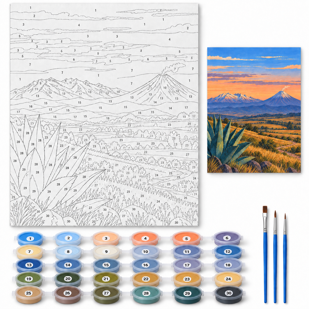 Popocatépetl e Iztaccíhuatl — kit con lienzo numerado, pinturas y pinceles
