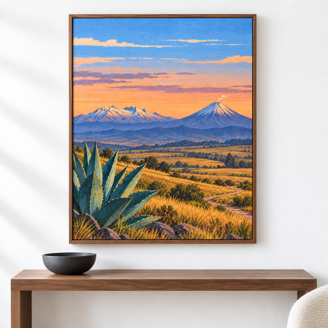 Popocatépetl e Iztaccíhuatl — el cuadro terminado colgado en la pared