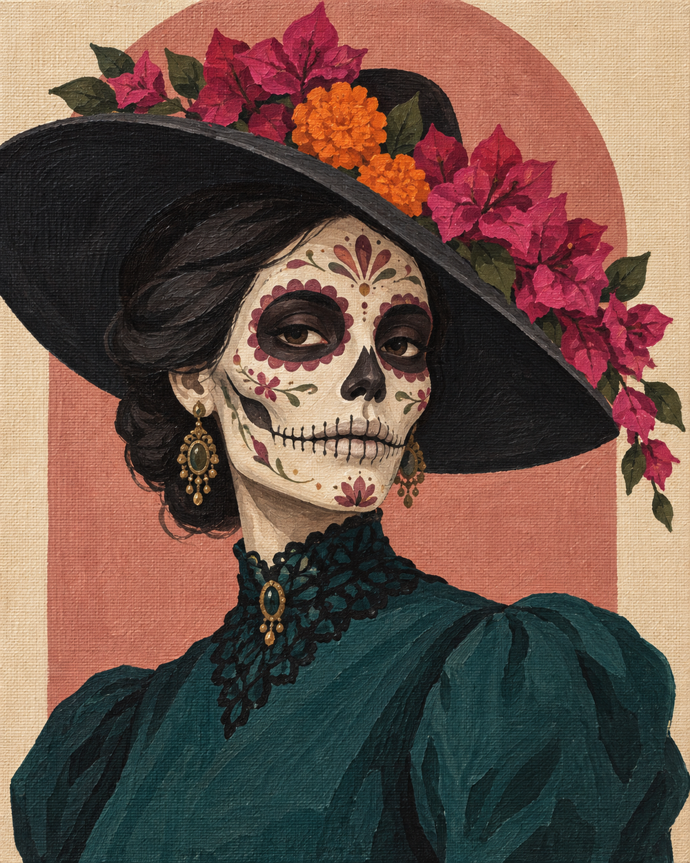 Catrina de bugambilia — diseño del lienzo para pintar por números