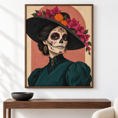 Catrina de bugambilia — el cuadro terminado colgado en la pared