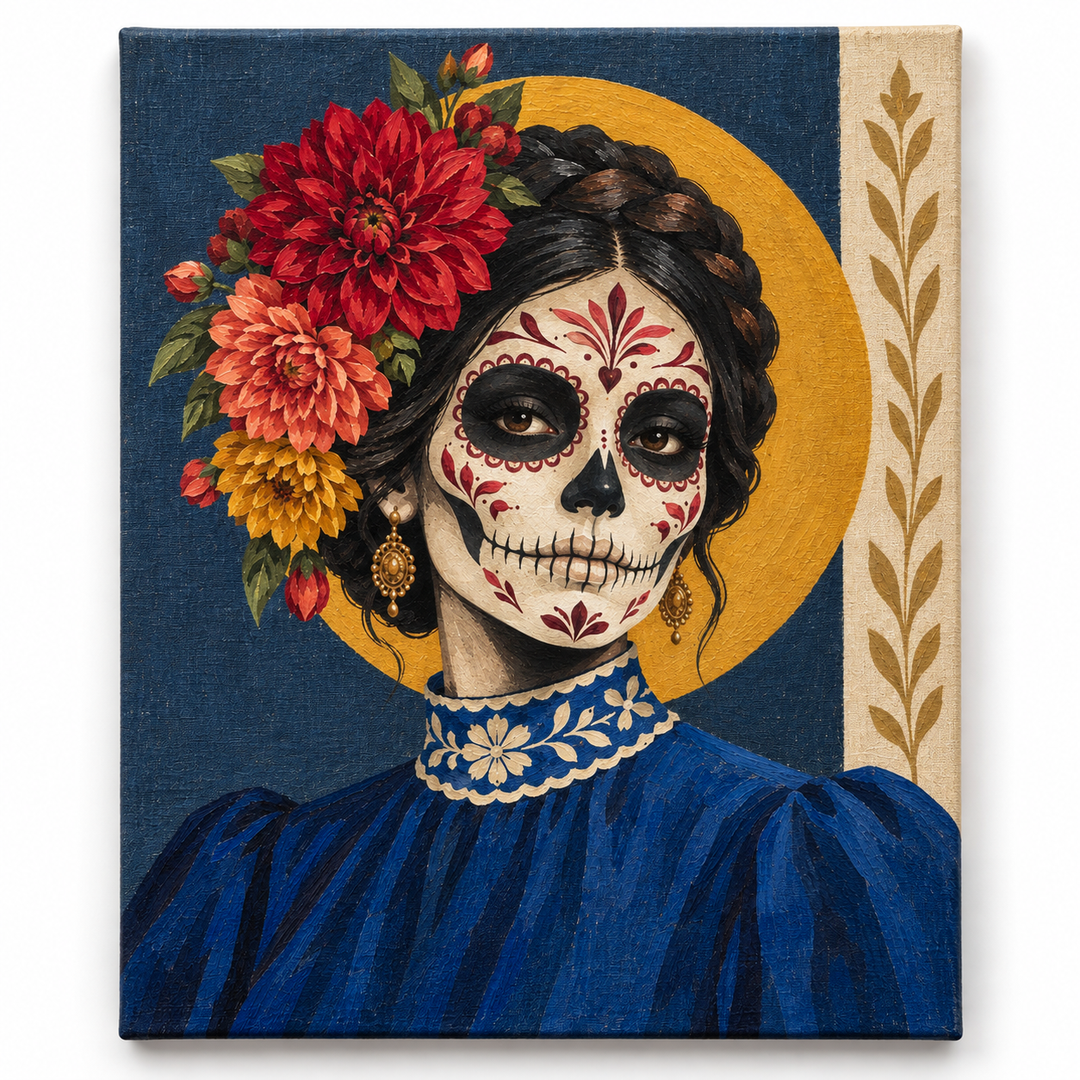 Catrina de dalias — lienzo terminado