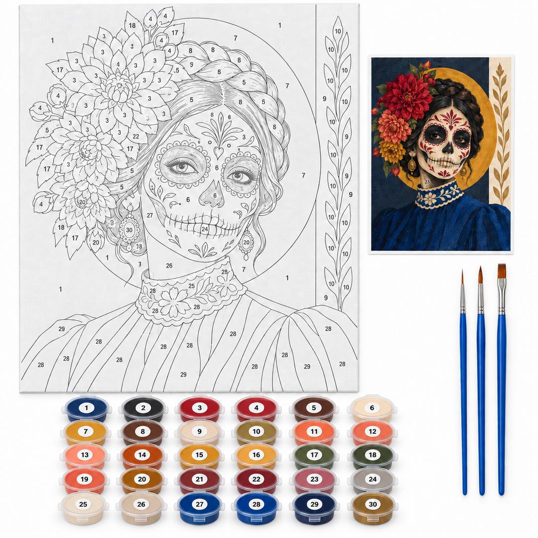Catrina de dalias — kit con lienzo numerado, pinturas y pinceles
