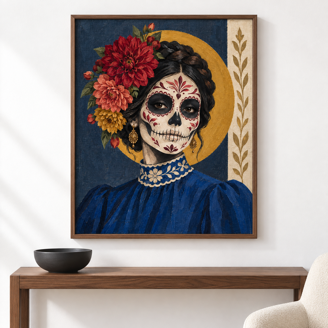 Catrina de dalias — el cuadro terminado colgado en la pared