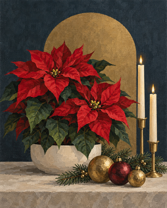 Nochebuena y luz dorada — diseño del lienzo para pintar por números