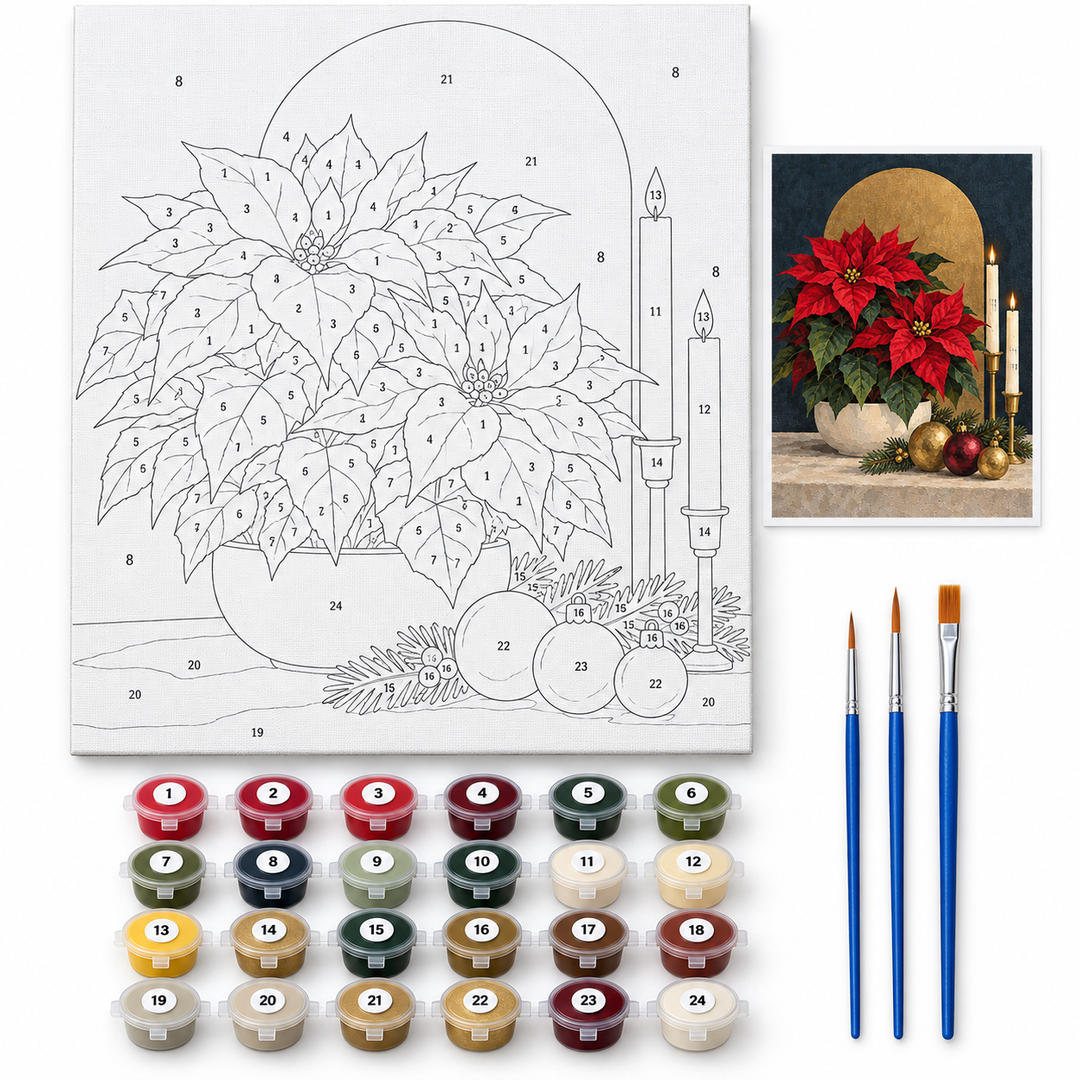 Nochebuena y luz dorada — kit con lienzo numerado, pinturas y pinceles