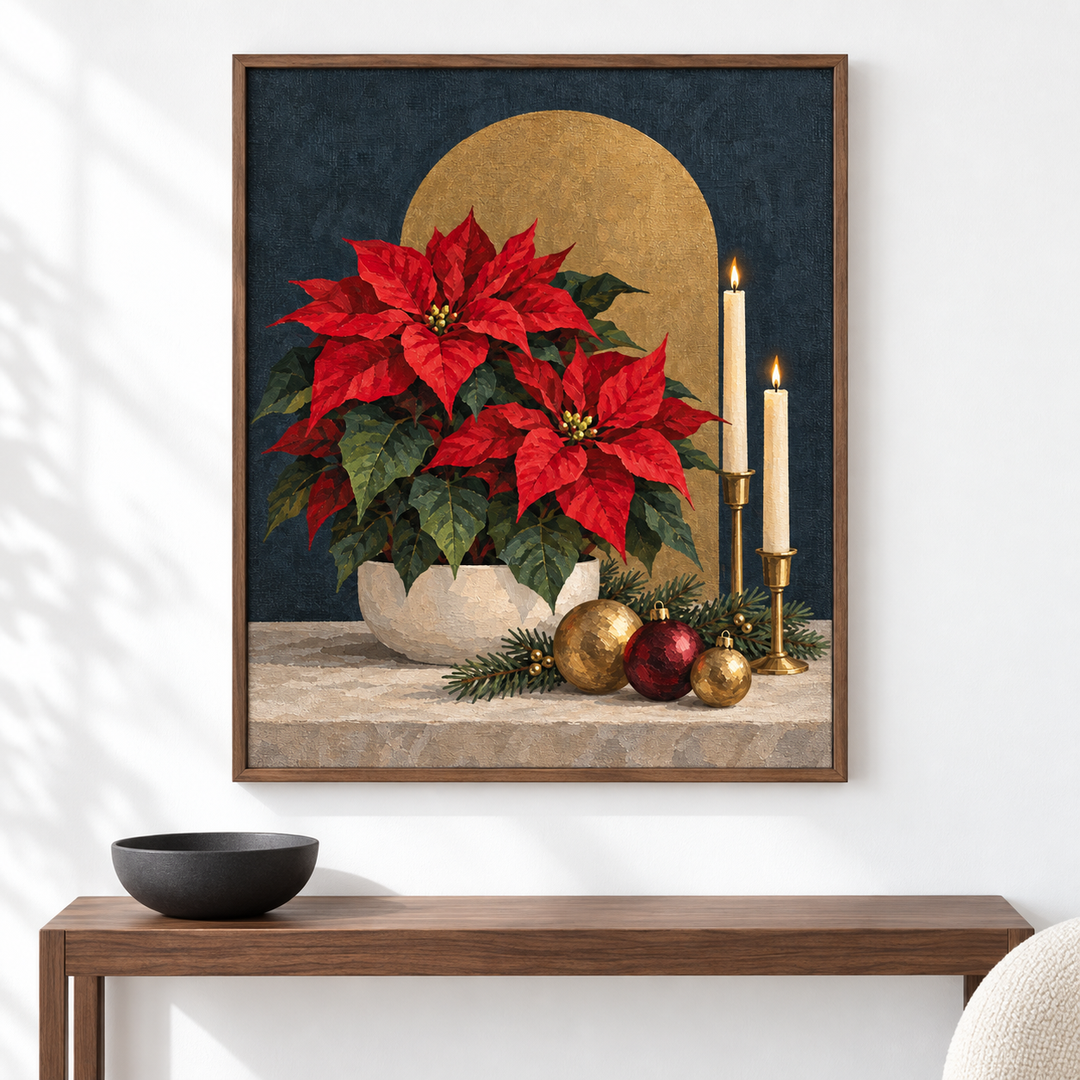 Nochebuena y luz dorada — el cuadro terminado colgado en la pared