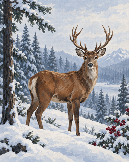Venado en el bosque invernal — diseño del lienzo para pintar por números