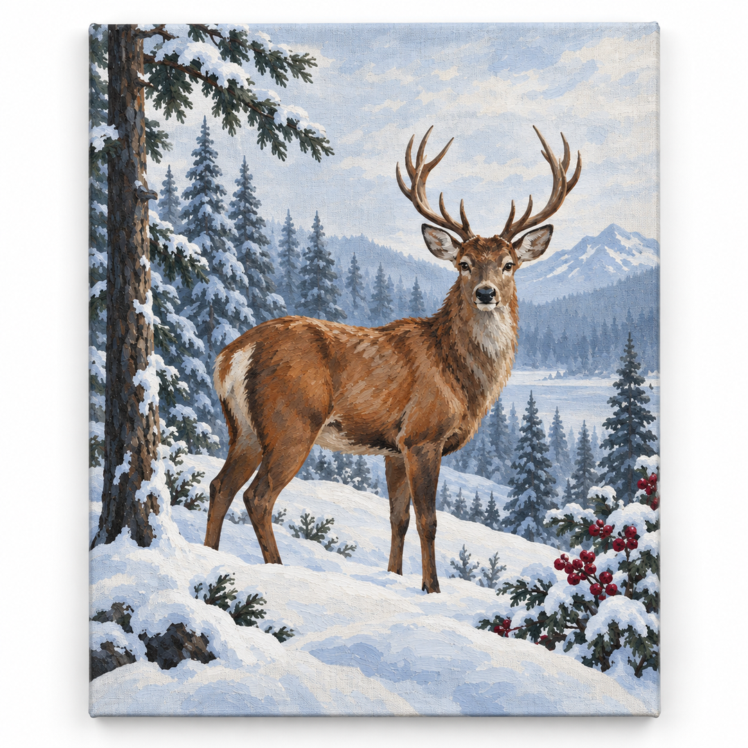 Venado en el bosque invernal — lienzo terminado