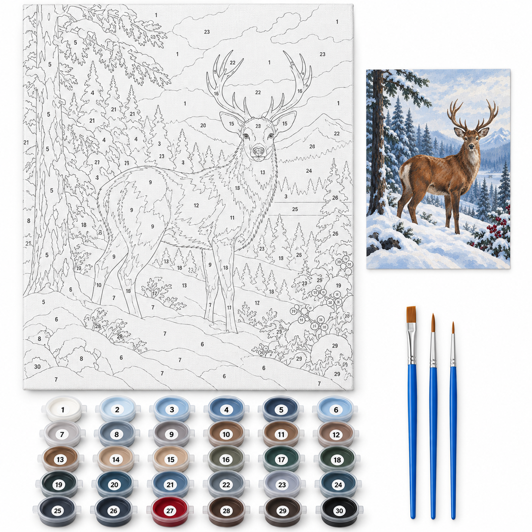 Venado en el bosque invernal — kit con lienzo numerado, pinturas y pinceles