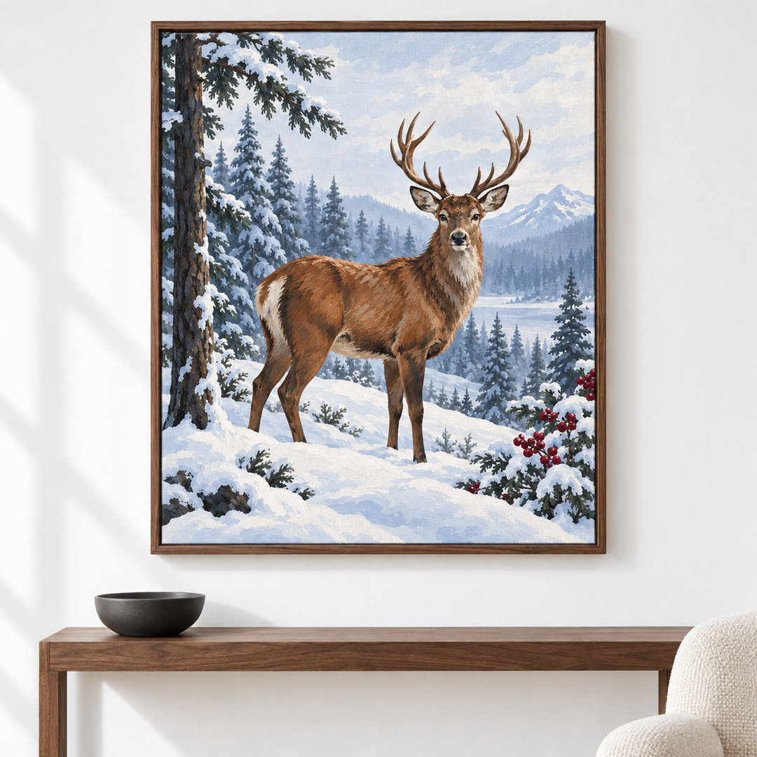Venado en el bosque invernal — el cuadro terminado colgado en la pared