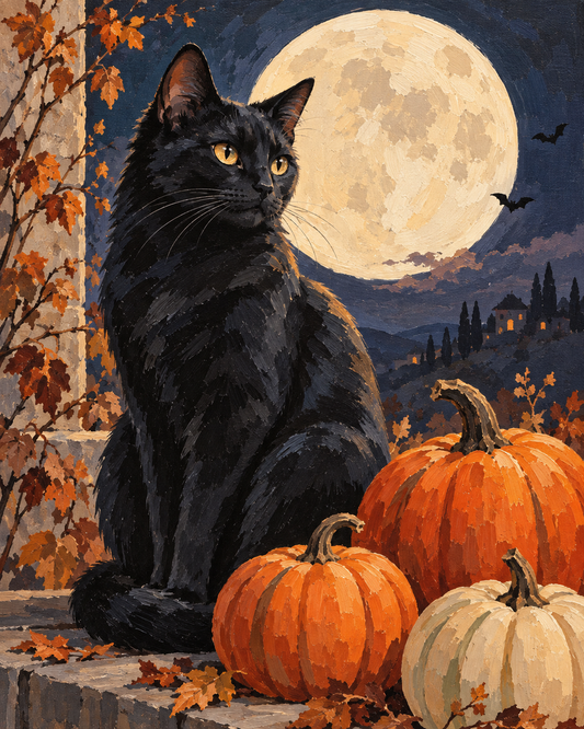 Gato negro bajo la luna — diseño del lienzo para pintar por números