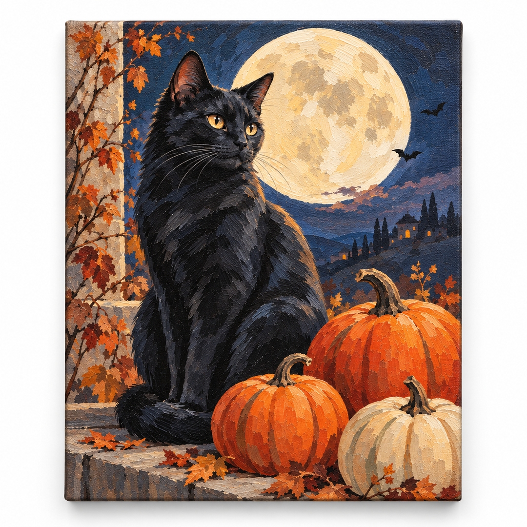 Gato negro bajo la luna — lienzo terminado