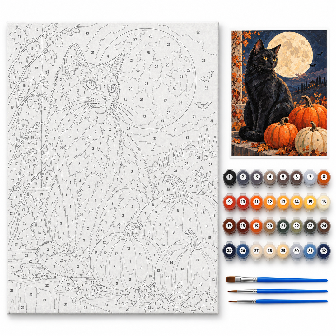 Gato negro bajo la luna — kit con lienzo numerado, pinturas y pinceles