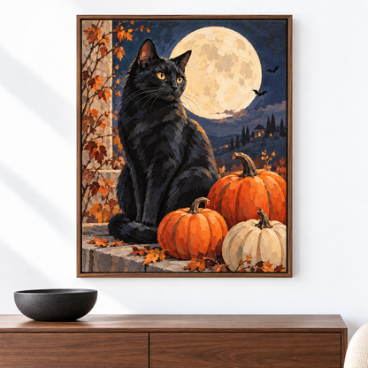 Gato negro bajo la luna — el cuadro terminado colgado en la pared