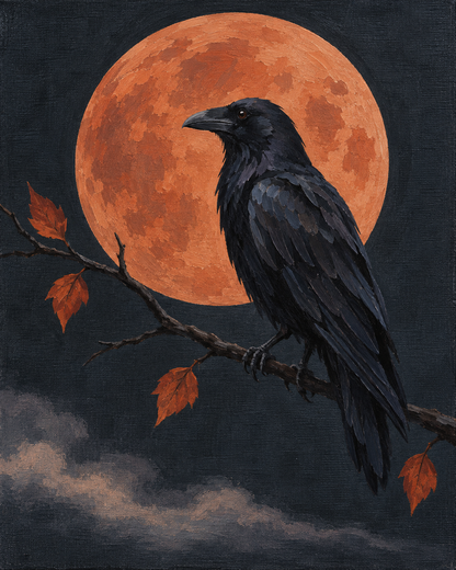Cuervo y luna terracota — diseño del lienzo para pintar por números