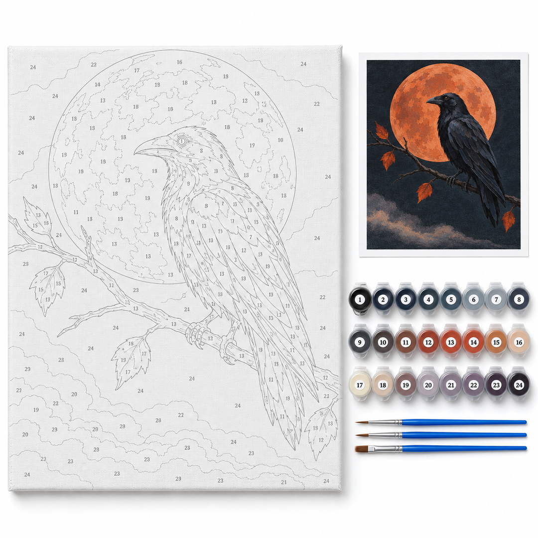 Cuervo y luna terracota — kit con lienzo numerado, pinturas y pinceles