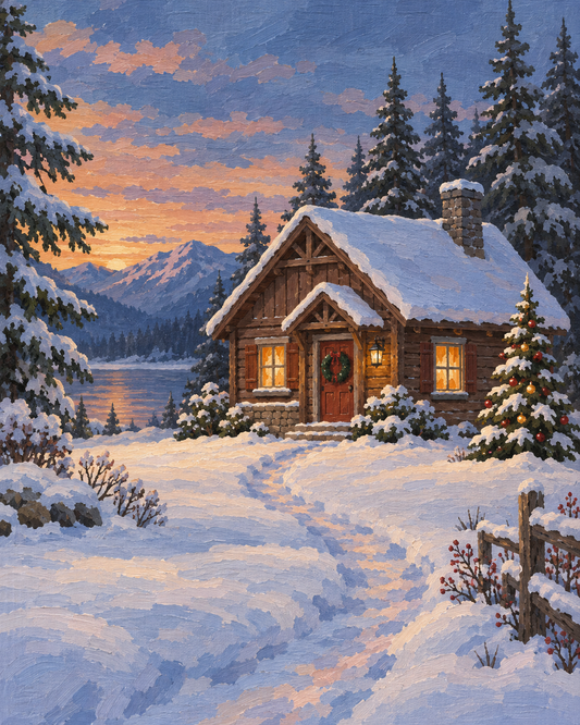 Cabaña navideña bajo la nieve — diseño del lienzo para pintar por números