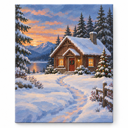 Cabaña navideña bajo la nieve — lienzo terminado