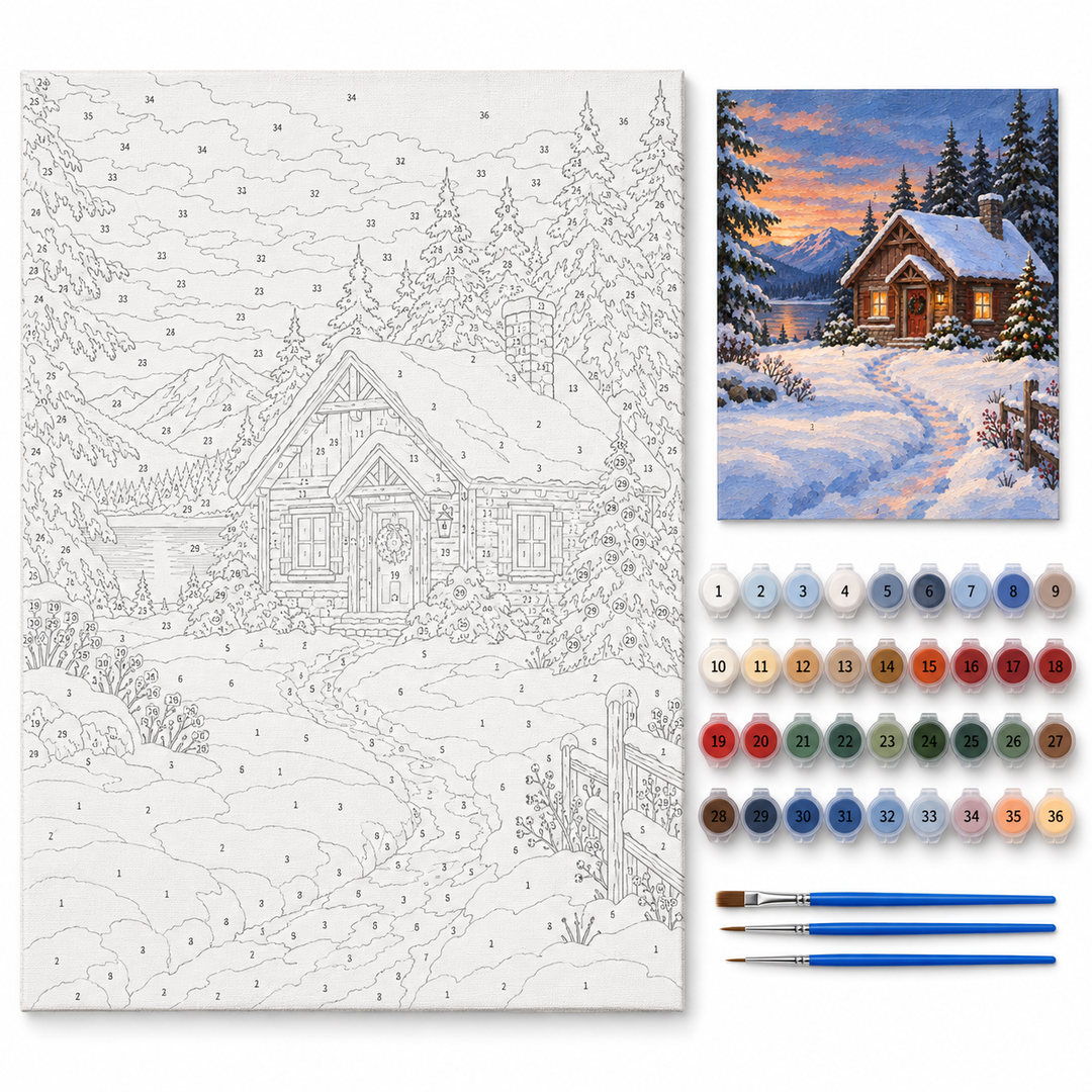 Cabaña navideña bajo la nieve — kit con lienzo numerado, pinturas y pinceles