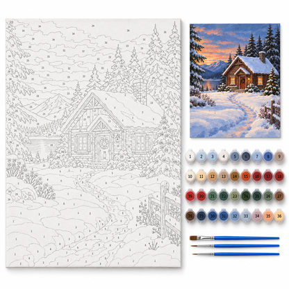 Cabaña navideña bajo la nieve — kit con lienzo numerado, pinturas y pinceles