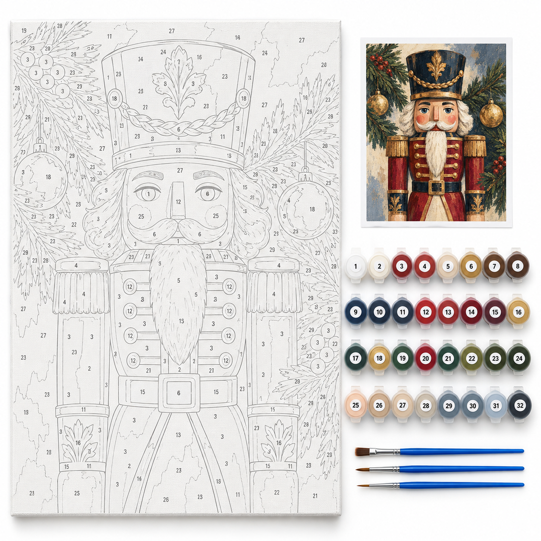 Cascanueces entre ramas de pino — kit con lienzo numerado, pinturas y pinceles