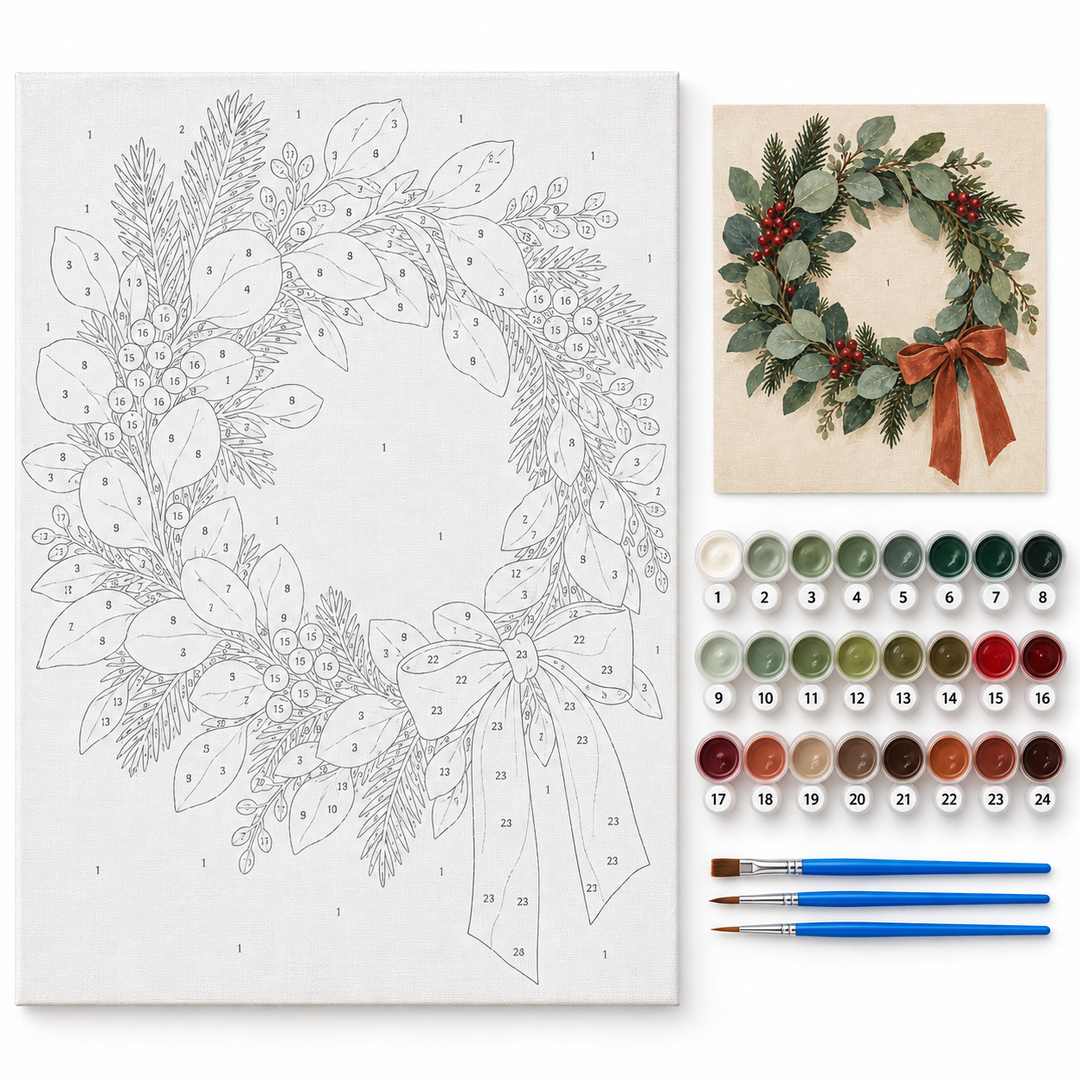 Corona navideña de eucalipto y frutos rojos — kit con lienzo numerado, pinturas y pinceles
