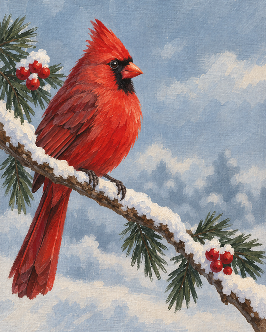 Cardenal rojo sobre rama nevada — diseño del lienzo para pintar por números