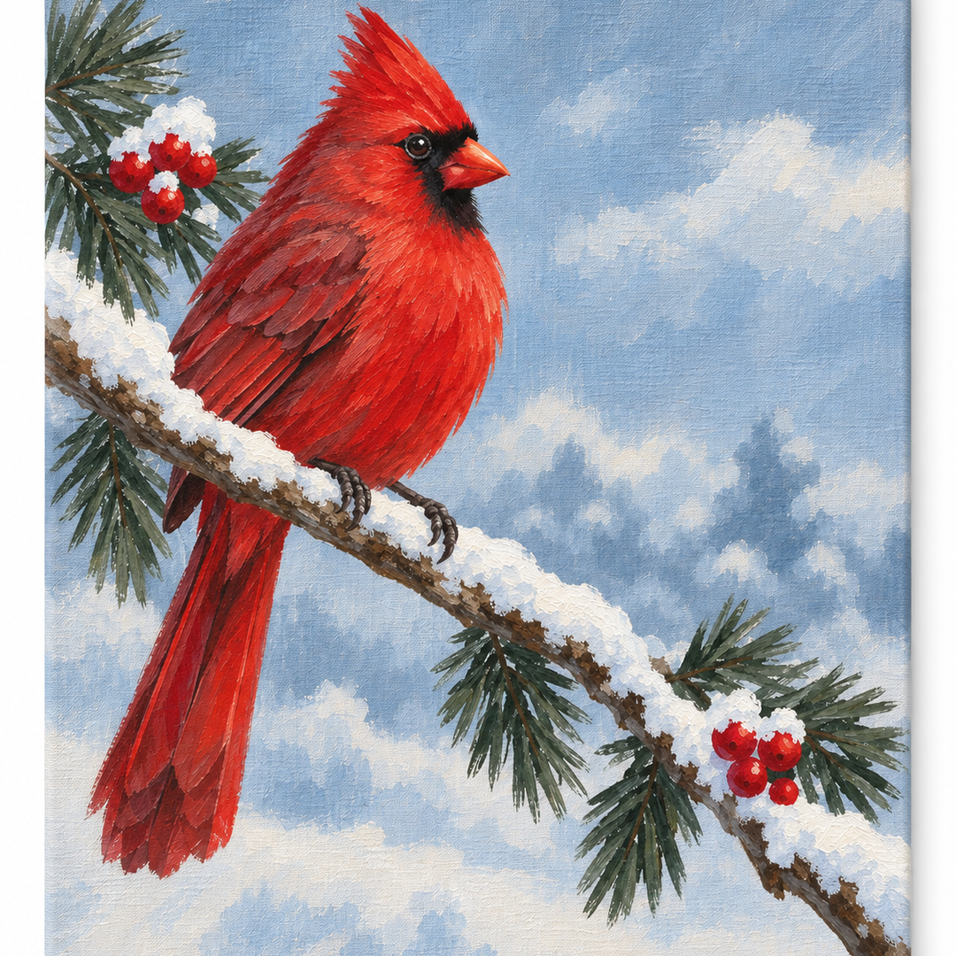 Cardenal rojo sobre rama nevada — lienzo terminado