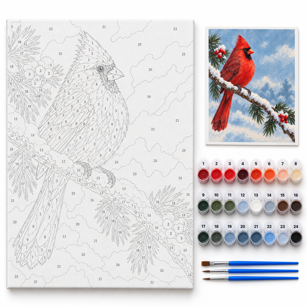 Cardenal rojo sobre rama nevada — kit con lienzo numerado, pinturas y pinceles