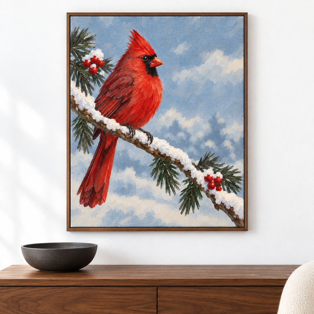 Cardenal rojo sobre rama nevada — el cuadro terminado colgado en la pared