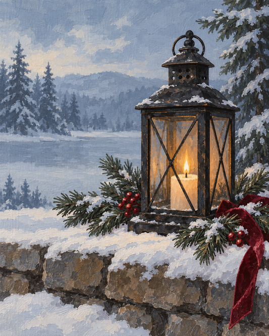 Farol encendido entre ramas nevadas — diseño del lienzo para pintar por números