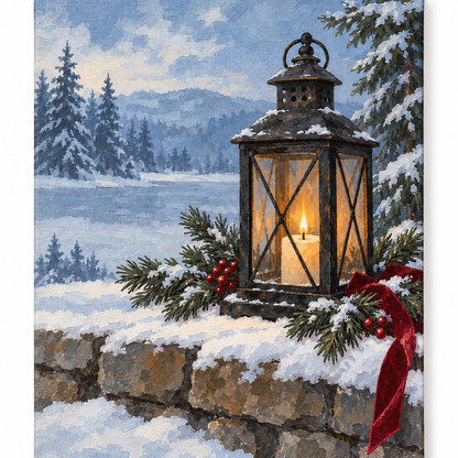 Farol encendido entre ramas nevadas — lienzo terminado