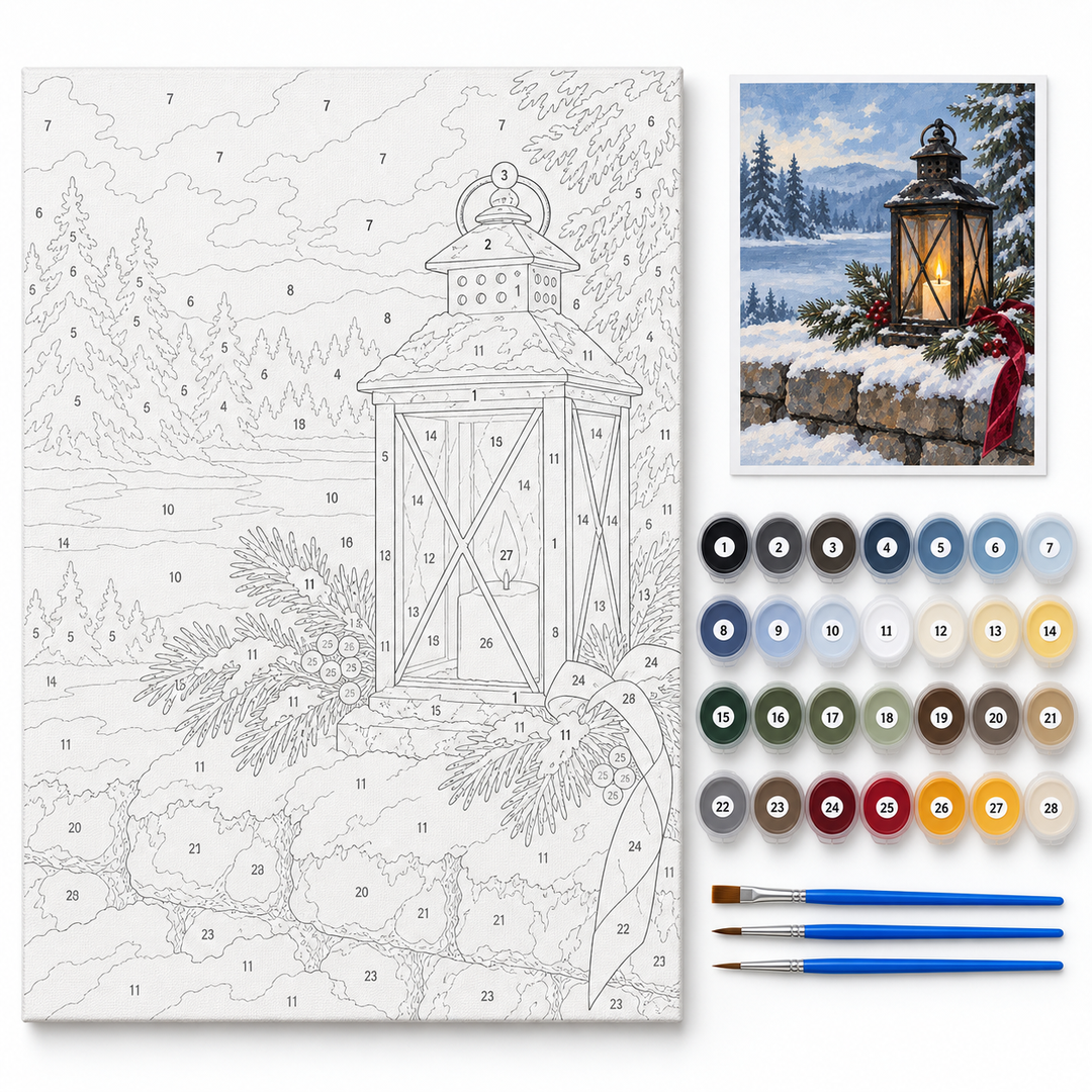 Farol encendido entre ramas nevadas — kit con lienzo numerado, pinturas y pinceles