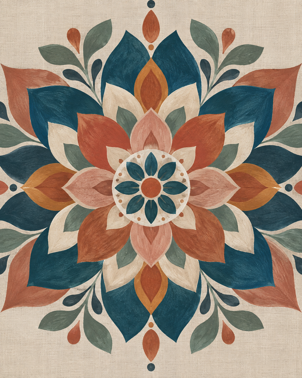 Mandala botánico terracota y azul petróleo — diseño del lienzo para pintar por números