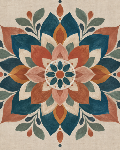 Mandala botánico terracota y azul petróleo — diseño del lienzo para pintar por números