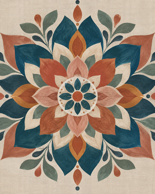 Mandala botánico terracota y azul petróleo — diseño del lienzo para pintar por números