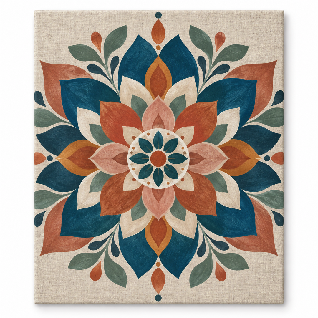 Mandala botánico terracota y azul petróleo — lienzo terminado