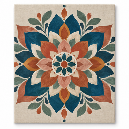 Mandala botánico terracota y azul petróleo — lienzo terminado