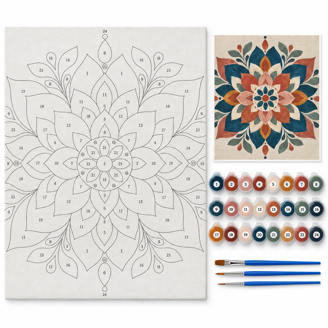 Mandala botánico terracota y azul petróleo — kit con lienzo numerado, pinturas y pinceles
