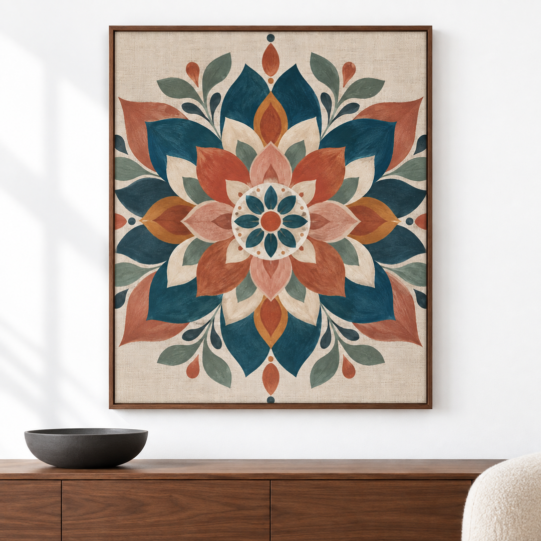 Mandala botánico terracota y azul petróleo — el cuadro terminado colgado en la pared