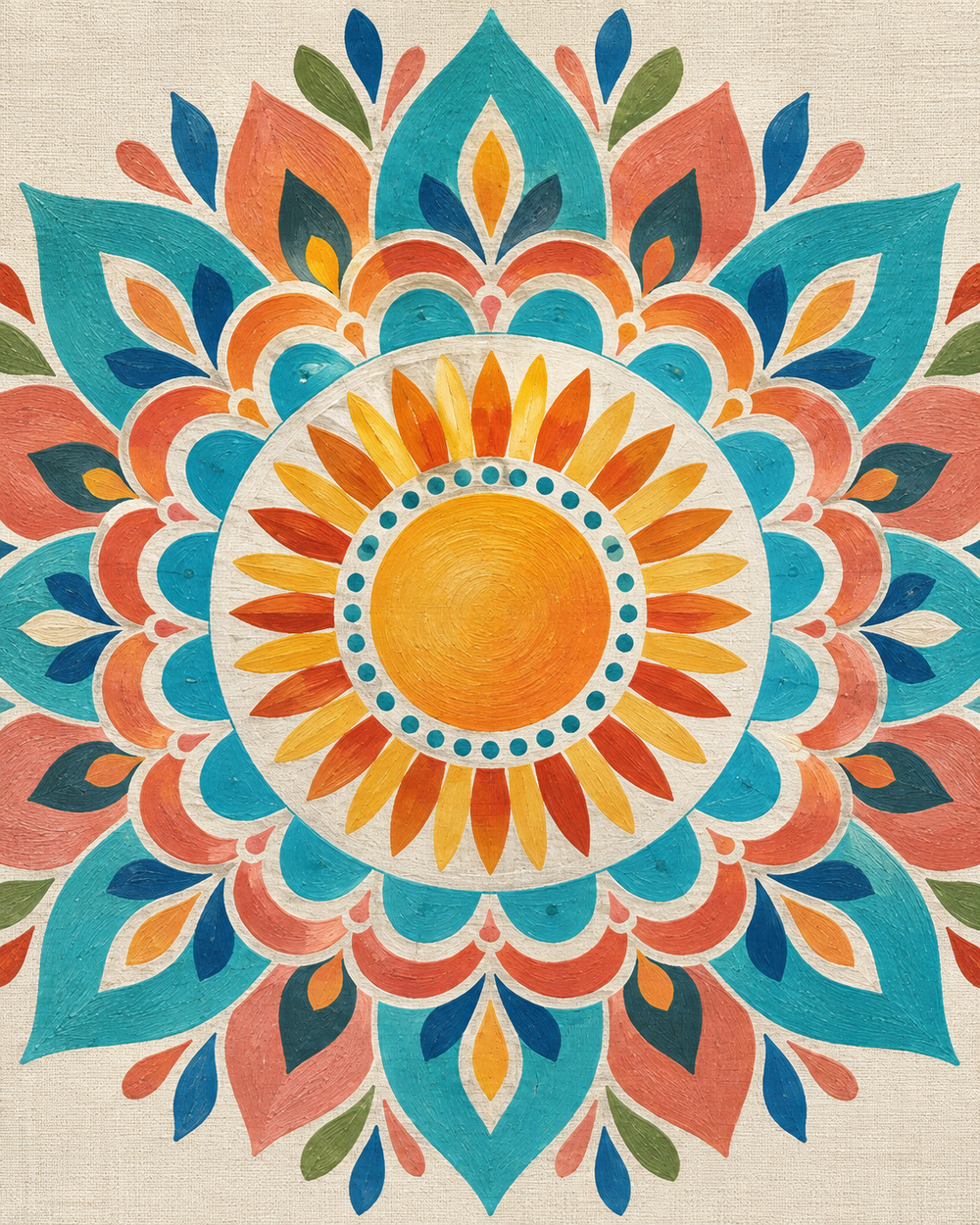 Mandala solar coral y turquesa — diseño del lienzo para pintar por números