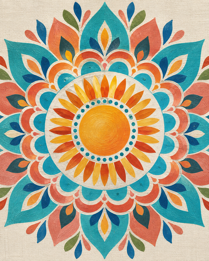 Mandala solar coral y turquesa — diseño del lienzo para pintar por números