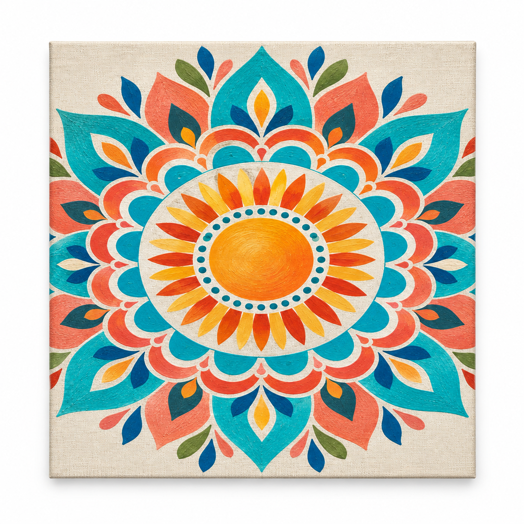 Mandala solar coral y turquesa — lienzo terminado
