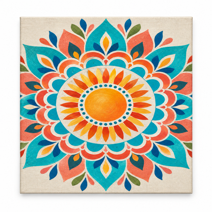 Mandala solar coral y turquesa — lienzo terminado