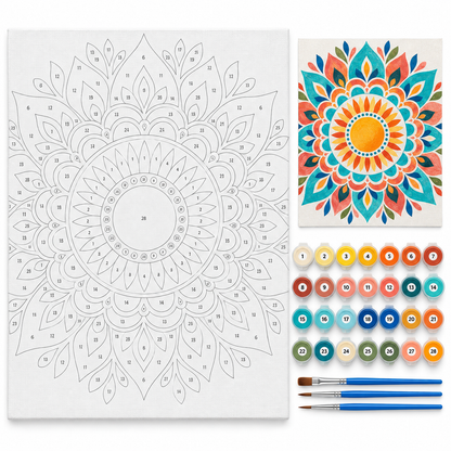 Mandala solar coral y turquesa — kit con lienzo numerado, pinturas y pinceles