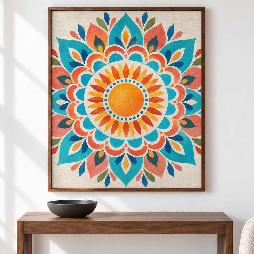 Mandala solar coral y turquesa — el cuadro terminado colgado en la pared