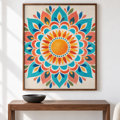 Mandala solar coral y turquesa — el cuadro terminado colgado en la pared