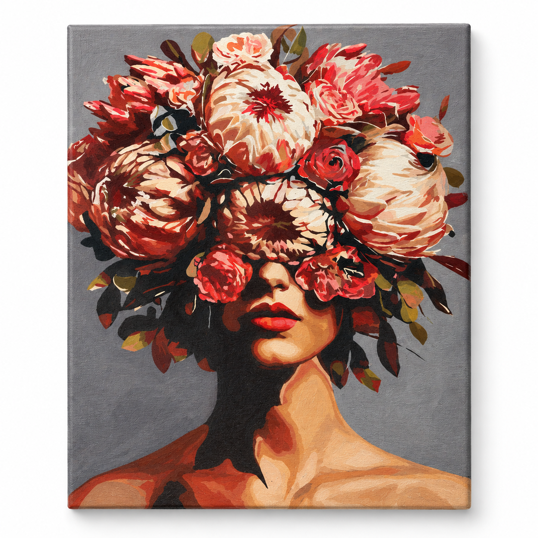 Mujer con corona floral — lienzo terminado