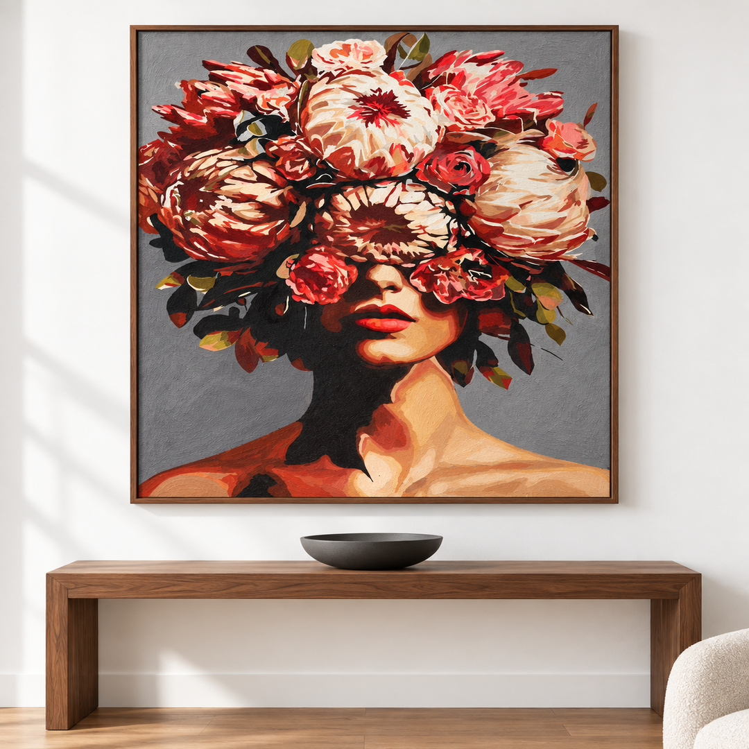 Mujer con corona floral — el cuadro terminado colgado en la pared
